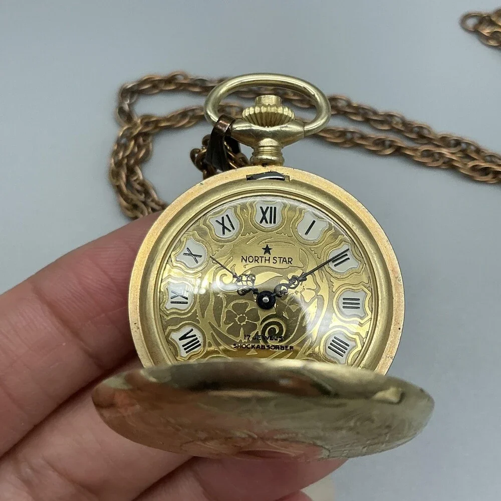 Vintage North Star Watch Pendant Women 36mm Gold Full Hunter Manual Wind Chain